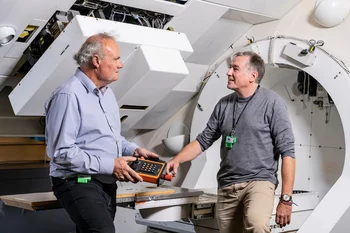 Martin Grossmann and Tony Lomax in front of Gantry 1, which their team built from scratch in the 1990s. 