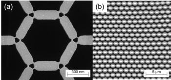 Illustration: (a) Image au microscope électronique à balayage de la glace de spin kagomé artificielle, produite par lithographie, qui montre les aimants permalloy reliés de manière asymétrique par des ponts magnétiques à l’échelle nanométrique. 