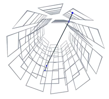 Event display of a cosmic muon track in the Mu3e vertex detector