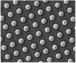Indium bumps imaged with an electron microscope.