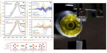 Left: X-ray absorption spectra from supersaturated calcium carbonate solutions taken with a liquid microjet at the PHOENIX beamline. Comparison of the spectra with theoretical modeling shows the dominance of various ion pairs in solution, as expected in a classical solution. Right: image of liquid microjet in PHOENIX endstation.