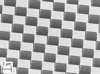 Figure 2 Scanning Electron Microscopy (SEM) image of the silicon phase grating fabricated at PSI. The 2D grating pitch is 8.29 micrometer