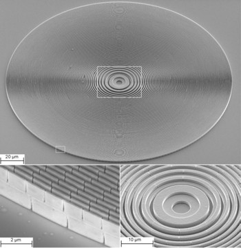 A three level nickel zone plate with 200 μm diameter and effective 200 nm smallest zone width.