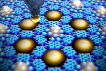 Using the tip of a scanning tunnel microscope, a single xenon atom (yellow) is being moved from a quantum box (blue), thus specifically altering its electronic quantum state. (Image: University of Basel, Department of Physics)