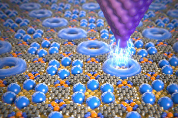 Graphic representation of a potential data storage device on the atomic scale: a data storage element – made of only six Xenon atoms – is liquefied using a voltage pulse. (Illustration: University of Basel, Department of Physics)