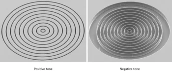 Fig. 2: SEM images of a Zernike phase shifting structures etched into a Silicon membrane. The outer diameter is 100 microns.