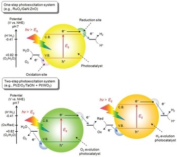 Schematic energy diagrams of photocatalytic water splitting by one-step and two-step photoexcitation systems. C.B., conduction band; V.B., valence band; Eg, band gap; NHE, normal hydrogen electrode. Figure has been adopted from Ref [1].