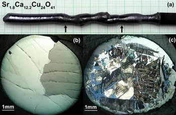 Fig. 17 (a) The as-grown Sr1.8Ca12.2Cu24O41 crystal boule; (b) the polished cross-section of the crystal at the position 5.5cm and (c) 2cm from the start.