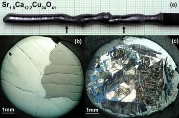 Fig. 17 (a) The as-grown Sr1.8Ca12.2Cu24O41 crystal boule; (b) the polished cross-section of the crystal at the position 5.5cm and (c) 2cm from the start.