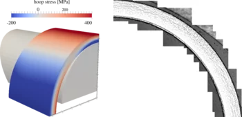 Left – Hoop stress state during tensile testing of a cladding tube sample: this setup is particularly used to test the reorientation properties of zirconium hydrides. Right – Hydrides distribution in a part of a cladding cross section.