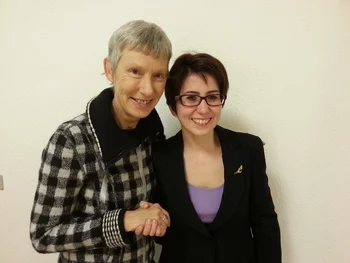 During the Celebration. The supervisor Prof. Dr. M. Schwikowski congratulates Isabella Mariani on her success.