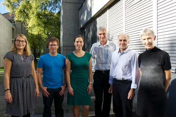 Isabel Wendl and her thesis committee  after the defense: Elisabeth Isaksson (Norwegian Polar Institute (NPI)), Martin Gysel (PSI-LAC), Isabel Wendl, Andreas Türler, Robert Mulvaney (British Antarctic Survey (BAS)), and Margit Schwikowski