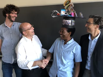 Jacinta Edebeli with members of the thesis committee: Thorsten Bartels-Rausch (PSI), Hans-Werner Jacobi (IGE Grenoble), Jacinta Edebeli, and Markus Ammann (PSI)