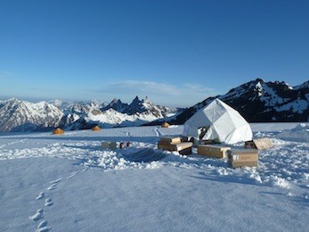 Ice core drilling at Silvretta glacier.