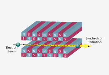 Ein Undulator zwingt die Elektronen auf eine Wellenbahn (gelb). Dabei entsteht besonders brillantes Synchrotronlicht.