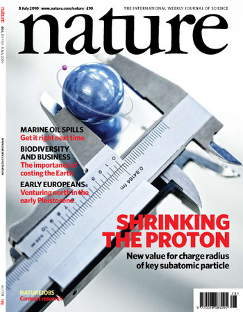 Measuring the radius of the proton on the cover of the journal Nature Reprinted by permission from Macmillan Publishers Ltd: Pohl, R. et al.  Nature 466, 213-217 (2010)