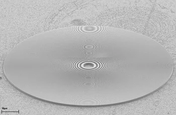 REM-Aufnahme der Zonenplatte. Der Durchmesser der gesamten Zonenplatte beträgt 0,5 Millimeter.  (REM-Aufnahme)