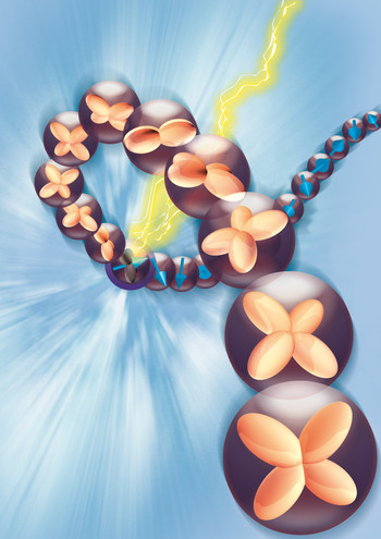 Artist's impression of an electron splitting up into two new particles: a spinon carrying the electron's spin and an orbiton carrying its orbital moment. (Graphics: David Hilf)