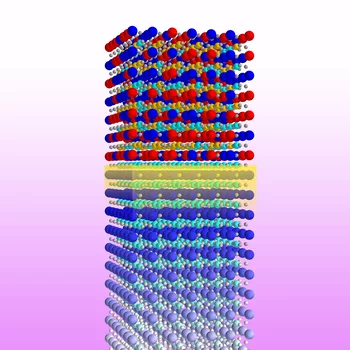 Structure of the material investigated; Lower: Pure SrTiO3 (dark blue: strontium Sr; turquoise: titanium Ti; grey: oxygen O) with alternating planes of SrO and TiO2. Upper: Mixed layer of SrTiO3 and  LaAlO3 (red: lanthanum La; orange: aluminium Al).