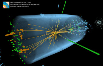 Figure 1. Event recorded with the CMS detector in 2012 at a proton-proton centre of mass energy of 8 TeV.  The event shows characteristics expected from the decay of the SM Higgs boson to a pair of photons (dashed yellow lines and green towers). The event could also be due to known standard model background processes.