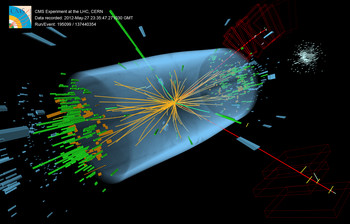 Abbildung 2: Ereignis aufgenommen mit dem CMS Detektor 2012 bei einer Proton-Proton Schwerpunktsenergie von 8 TeV. Das Ereignis zeigt Eigenschaften eines SM Higgs Bosons, das in zwei Z Bosonen zerfällt von denen eines weiter in ein Paar von Elektronen zerfällt (grüne Linien und grüne Balken). Das andere Z zerfällt in ein Paar von Myonen (rote Linien). Das Ereignis könnte auch von bekannten Prozessen des Standardmodells stammen.