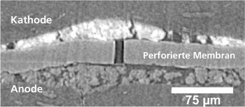Die für die Experimente präparierte Membran mit einem durch Ionenbestrahlung gebohrten Loch(Bildmitte)