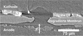 Die zwischen Kathode und Anode eingeklemmte Membran mit einem typischen Defekt (rechts im Bild), wie er nach einem vollständigen Degradationszyklus, einschliesslich Verbrennung, unter dem Synchrotron-Röntgenlicht sichtbar wird.
