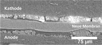 Auch die jungfräuliche Membran ist an manchen Stellen zwischen den Elektroden der Zelle „eingequetscht“ (hier rechts im Bild). An solchen Stellen ist die Wahrscheinlichkeit für die Entstehung eines Defektes erhöht.