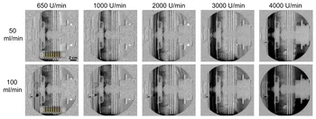 La radiographie neutronique montre que seuls les trois premiers disques sont suffisamment huilés, indépendamment du nombre de tours et du débit du volume d’huile (les disques sont numérotés de gauche à droite).