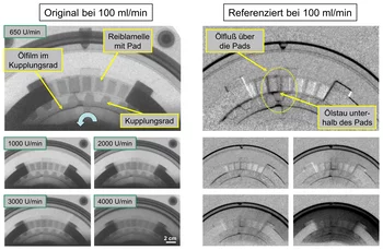 La prise de vue de devant montre que l’huile s’accumule sous le pads du revêtement de friction et qu’ensuite, le lubrifiant s’écoule des deux côtés hors du disque. Dans le cas du cliché référencé, à droite, deux images ont été réalisées : la première sans huile, le seconde avec. La photo montre uniquement les différences entre les deux, c’est-à-dire le lubrifiant.