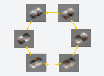 Abbildung 2: Ein System aus zwei Ringen zeigt wegen Frustration ständige Fluktuationen, also Ummagnetisierungen der einzelnen Nano-Stäbchen. Nebeneinander gezeigt sind jeweils Zustände, die über die Ummagnetisierung nur eines Stäbchens erreichbar sind. Die einzelnen Abbildungen zeigen experimentelle Messungen mit Röntgenmikroskopie; die eingezeichneten orangenen Pfeile geben die so ermittelten Magnetisierungsrichtungen jedes Stäbchens an.
