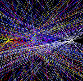 Bahnen von Teilchen, die bei Protonenkollisionen am CERN entstanden sind. Die Bahnen können so genau bestimmt werden, dass man sie zu ihren Entstehungspunkten zurückführen kann. So kann man unmittelbar bestimmen, welche Teilchen aus derselben Protonenkollision stammen. Ohne die Pixeldetektoren wäre die dafür nötige Genauigkeit völlig unerreichbar gewesen. Das für die Rekonstruktion benötigte Computerprogramm stammt von Wolfram Erdmann (PSI). Die Breite des Bildes entspricht 2 cm.