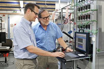 Thomas J. Schmidt. Head of the Electrochemistry Laboratory and Rüdiger Kötz, Head of the research group Electrocatalysis and interfaces, were in charge of the characterisation of the novel aerogel catalyst at PSI.Photo: Markus Fischer/Paul Scherrer Institute.