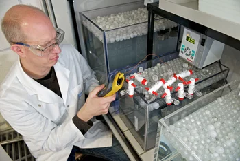 Lorenz Gubler checks the temperature distribution in the water bath for the modification of the base film of ETFE by radiation grafting.Source: Markus Fischer/Paul Scherrer Institute