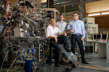 At the SIS beamline at the SLS where the experiments on SmB6 were performed. PSI scientists Ming Shi, Nicholas Plumb and Nan Xu (from left to right). Photo: Paul Scherrer Institute/Markus Fischer
