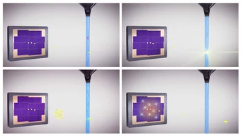 In serial crystallography, crystals are injected into an x-ray beam (Picture 1). When the beam and crystal collide (Picture 2), light beams are deflected (Picture 3). The deflected light beams are recorded by a detector (Picture 4). The structure of the crystals can be determined from the light patterns that many identical crystals create on the detector. (Graphics: Mahir Dzambegovic / PSI)