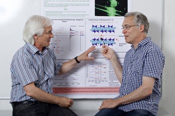 The PSI researchers Erich Wieland (left) and Jan Tits have shown, how ciment limits the mobility of uranium in a deep geological repository. (Photo: Markus Fischer/Paul Scherrer Institute)
