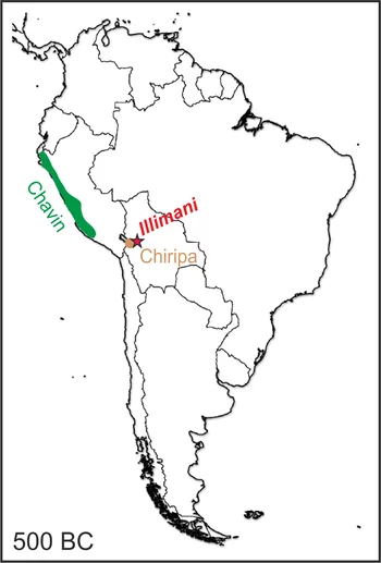 The image shows the schematic extension of the Chavin and Chiripa cultures in Southern America around 500 BC and the location of the Illiman site in the Bolivian Andes (red star). (Figure: Paul Scherrer Institute/Anja Eichler)