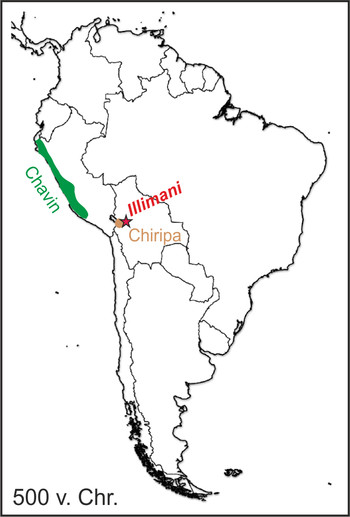 Die Abbildung zeigt die schematische Ausdehnung der Chavin- und Chiripa-Kulturen in Südamerika um 500 v. Chr. und die Lage des Bohrortes am Illimani in den bolivianischen Anden (roter Stern). (Grafik: Paul Scherrer Institut/Anja Eichler)
