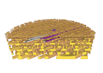 3-D-Darstellung der inneren Struktur eines Mikrochips (Prozessor der Firma Intel). Gezeigt ist der Blick direkt auf die Ebene, in der sich die Transistoren befinden. Das Material, das in Gelb dargestellt ist, ist Kupfer – sichtbar sind die Schaltverbindungen des Prozessors, die die einzelnen Transistoren miteinander verbinden. Zur Verdeutlichung wurden einige Verbindungen eingefärbt, deren Anschlüsse durch das untersuchte Volumen verfolgt werden können. Die einzelnen gezeigten Leitungen sind rund 45 Nanome…