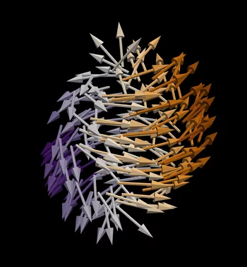 Darstellung eines Bloch-Punktes, den die Wissenschaftler in ihren Daten entdeckten. Ein Bloch-Punkt enthält eine magnetische Singularität, bei der sich die Richtung der Magnetisierung abrupt ändert. Innerhalb des hier gezeigten Bloch-Punktes erfolgt dieser Richtungswechsel von nach oben zeigenden Magnetnadeln – dargestellt durch Pfeile – zu nach unten zeigenden. Diese Singularität ist von einem Wirbel der Magnetisierung umgeben, dessen Form derjenigen eines Tornados ähnelt. (Grafik: Paul Scherrer Institut/…