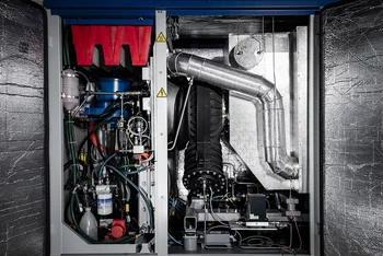 Diese Minigasturbine ergänzt seit 2018 die ESI-Plattform am PSI. ESI steht für Energy System Integration. (Foto: Paul Scherrer Institut/Mahir Dzambegovic)