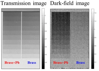 Figure 6: (Left) The transmission image of two brass step wedges. The left wedge is containing 3% of lead but no difference is reveal in this image. (Right) The dark-field image however clearly highlights the ability of detecting scattering, occurring from lead precipitations in the brass wedge.