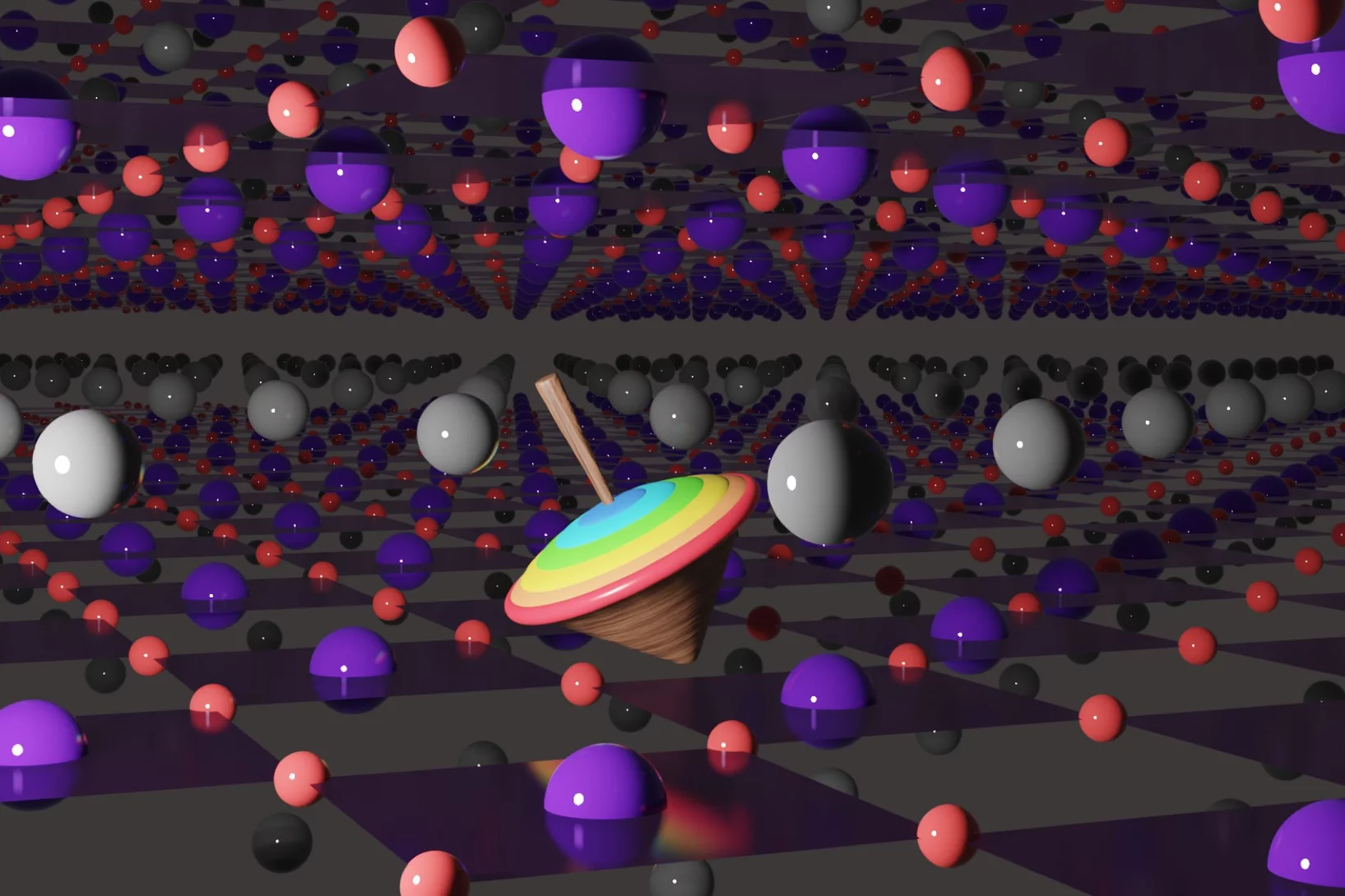 A muon, center, spins like a top within the atomic lattice of a thin film of superconducting nickelate.