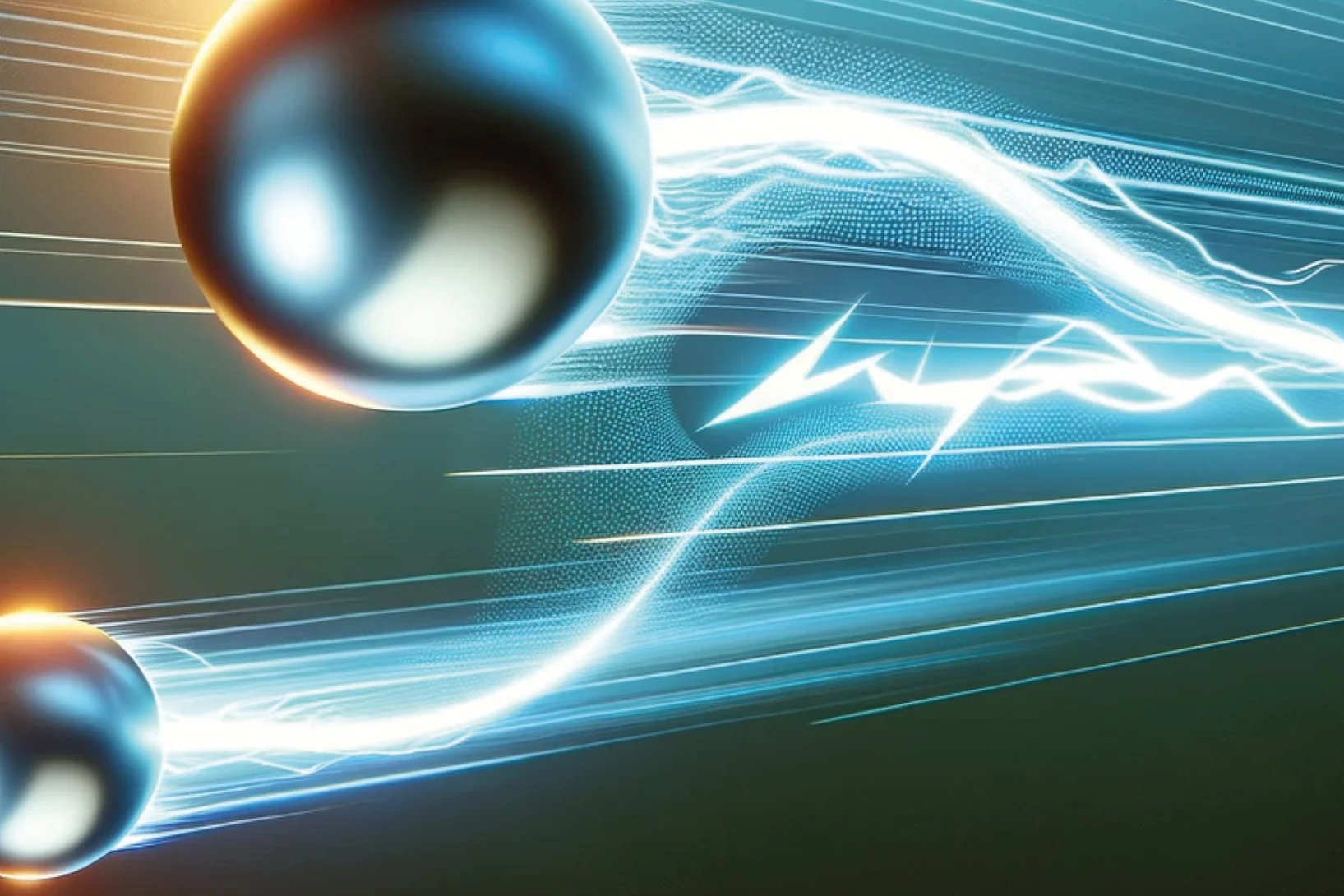 Electrons whizzing through the kagome metal Fe3Sn2 are influenced by the proximity of a flat band (shown by the reflection of the top ball on a flat surface). This causes the electronic charge to be fractionalised, or split (shown here by the appearance of the lower ball). Researchers have now observed this effect spectroscopically.