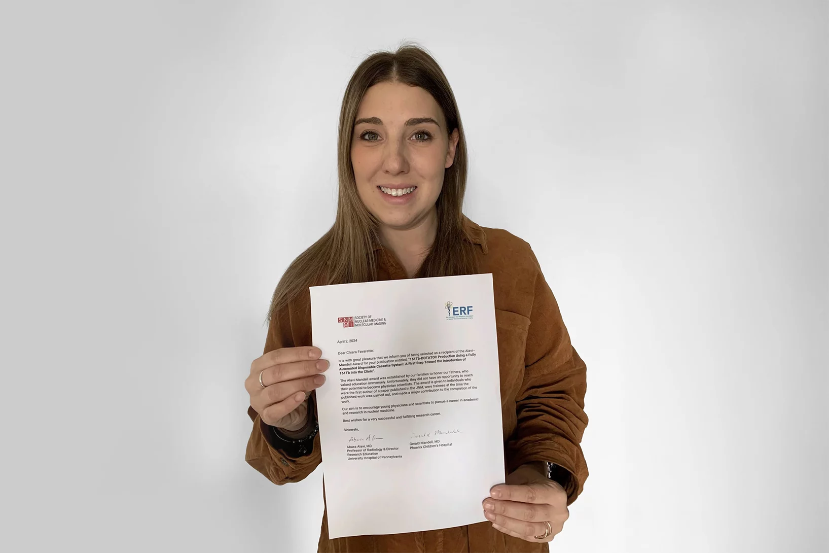 Dr. Chiara Favaretto has been honored with the Alavi-Mandell Award