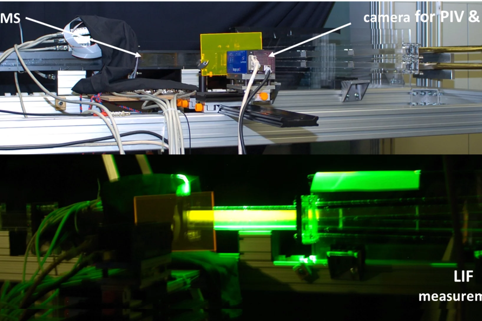 GEMIX test section (above), during LIF measurements (below)