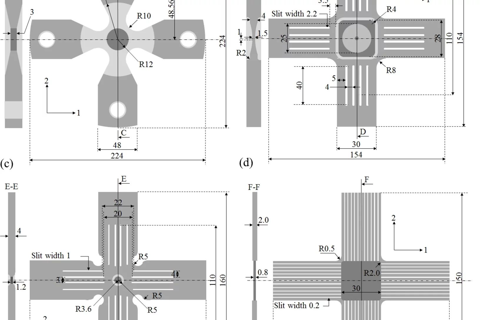 Fig. 1 Cruciform geometries: (a) ISO standard slit geometry – SLIT-I, (b) the elliptical cross-arm steeply thinned geometry with no slits – THIN-I, (c) the circular cross-arm gradually thinned geometry with no slits – THIN-II, (d) the two-step gradually thinned geometry with slits – SLIT-THIN-I, (e) the uneven slit, circular notched and sharply thinned geometry – SLIT-THIN-II, (f) the modified ISO standard slit geometry – SLIT-THIN-III, and (g) the dog-bone geometry – DB. (h) S22 vs S11 for all the aforeme…