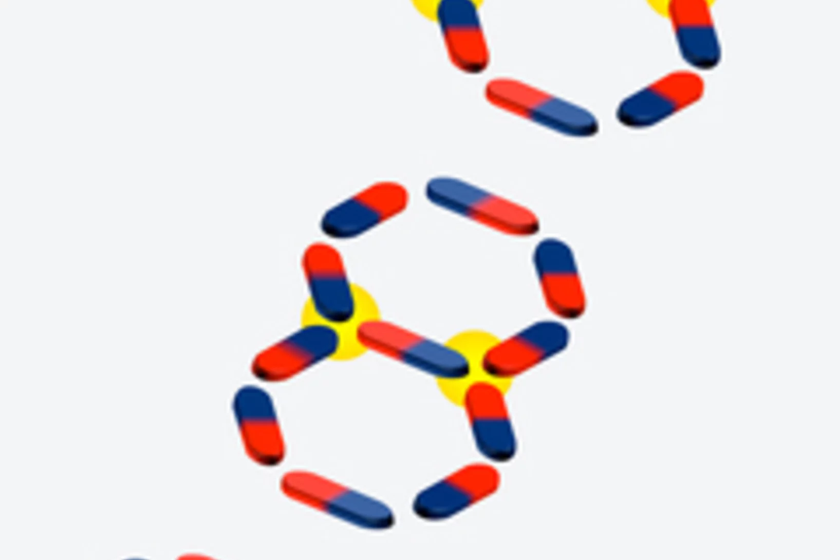 Magnetic nano-rods, arranged on the sides of a hexagon (bottom) or several hexagons (middle and top), form the ring systems studied by the scientists. Several linked rings serve as a model for a frustrated system: regardless of how the magnetisation of the central rod is oriented, energetically unfavourable conditions always arise, i.e. two north poles or two south poles will inevitably meet one another - marked in yellow.