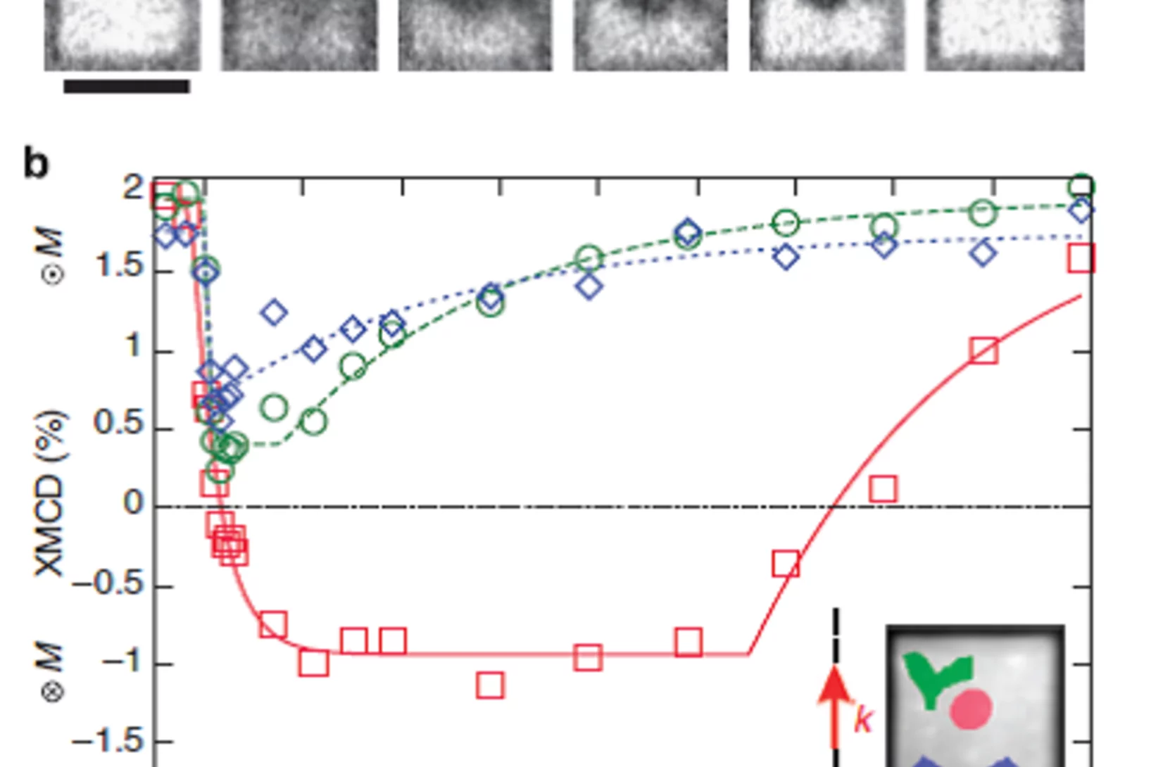Magnetization dynamics inside a 5 µm x 5 µm structure.(a) Time-resolved PEEM images using XMCD as a magnetic contrast mechanism recorded at a given time delay t after the laser pulse and (b) extracted XMCD contrast as a function of the time delay t for three different ROI, defined in the inset image by the coloured area superimposed on the non-dichroic X-ray absorption of the structure. The 0° incoming laser direction with respect to the structure edge is indicated in the inset by the laser in-plane wave v…